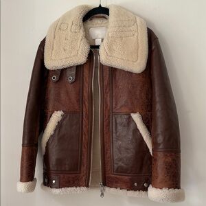 The Arrivals Leather Shearling Aviator Jacket Brown Size S
